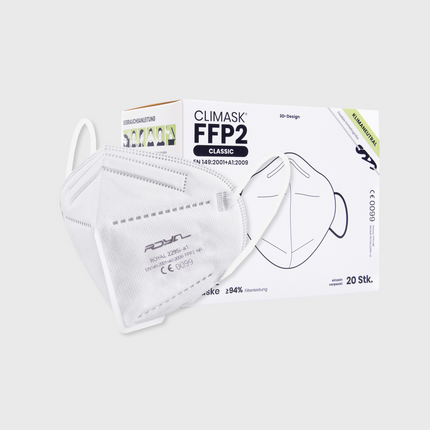 Weiße FFP2 Atemschutzmaske vor der originalen 20er Verpackung – einzeln verpackt und CE-zertifiziert

