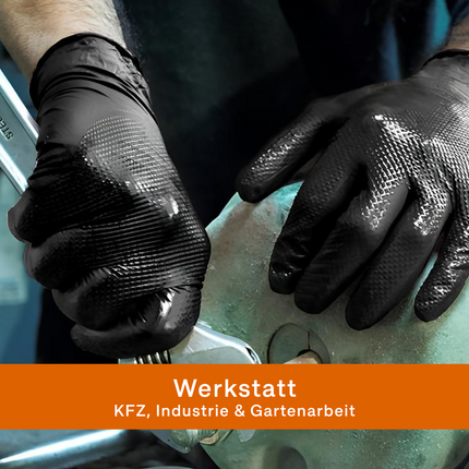 Schwarze Nitrilhandschuhe mit Diamantstruktur beim Einsatz in Werkstatt, KFZ, Industrie und Gartenarbeit

