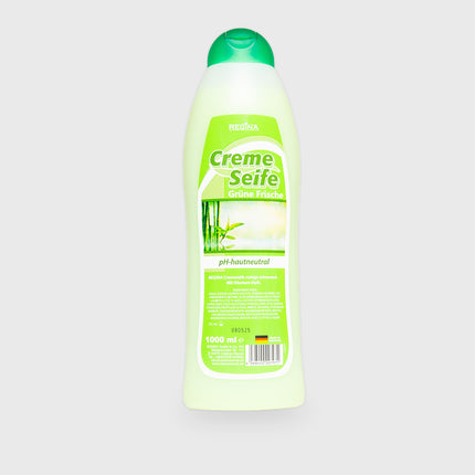 Rückseite der Regina Cremeseife Grüne Frische mit Inhaltsstoffen und Herstellerangaben, 1000 ml

