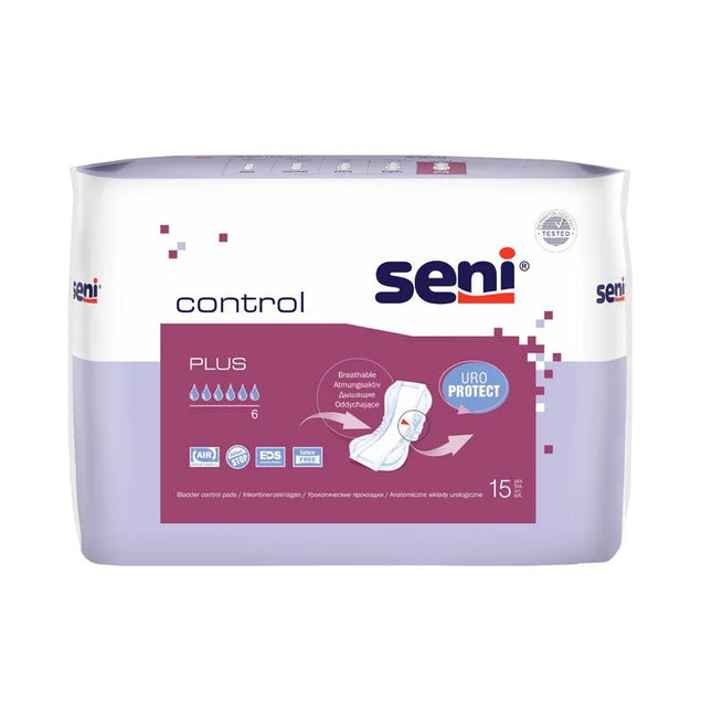 Seni Control Einlagen Größe Plus, 16 x 15 Stück Packung mit Uro Protect Design auf weißem Hintergrund

