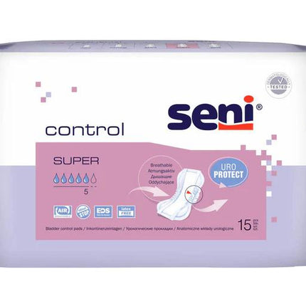 Seni Control Einlagen Super, 12 x 15 Stück Packung mit Uro Protect Design auf weißem Hintergrund

