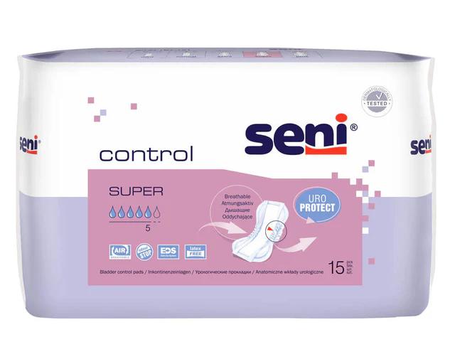 Seni Control Einlagen Super, 12 x 15 Stück Packung mit Uro Protect Design auf weißem Hintergrund

