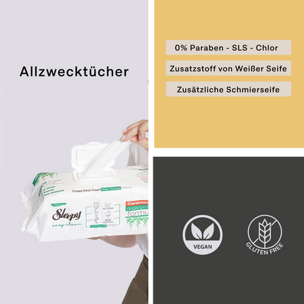 Geöffnete Packung Sleepy Easy Clean Allzwecktücher mit Vegan- und Glutenfrei-Siegeln

